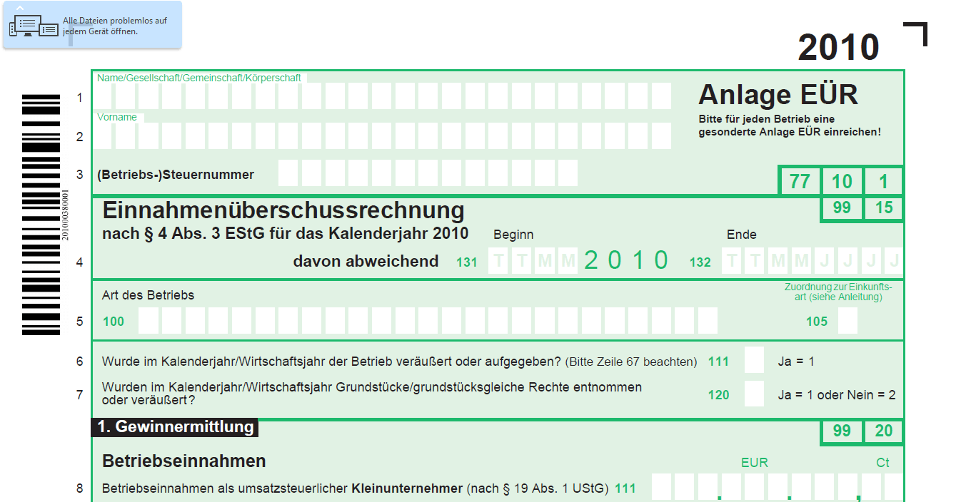 Anlage Einnahmenüberschussrechnung 2010 komplett