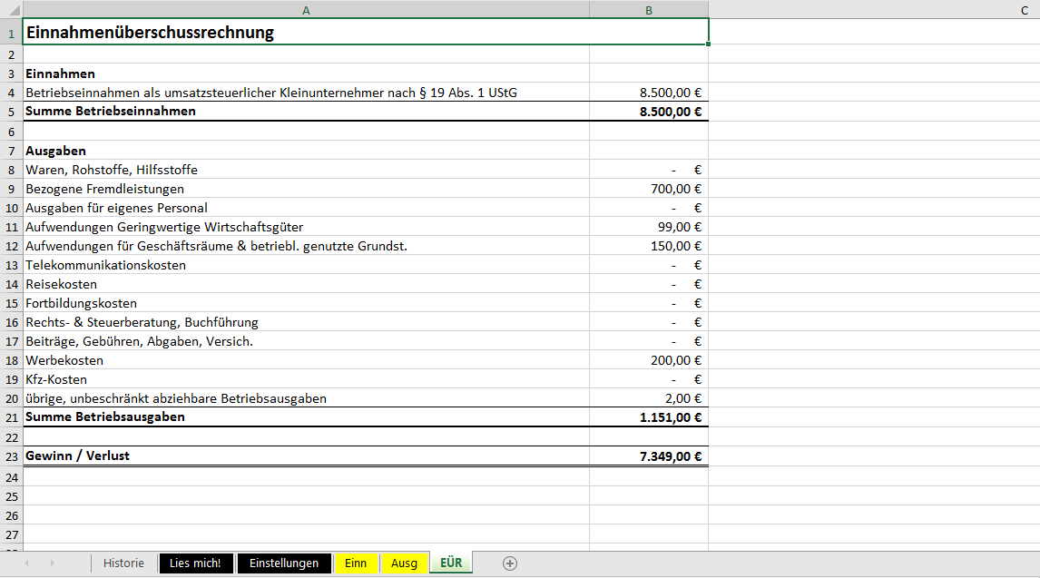 Excel Vorlage Formlose Gewinnermittlung Pierre Tunger