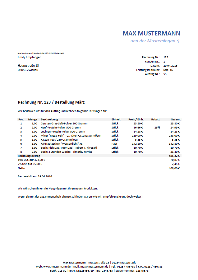 Excel Rechnungsvorlage Pierre Tunger