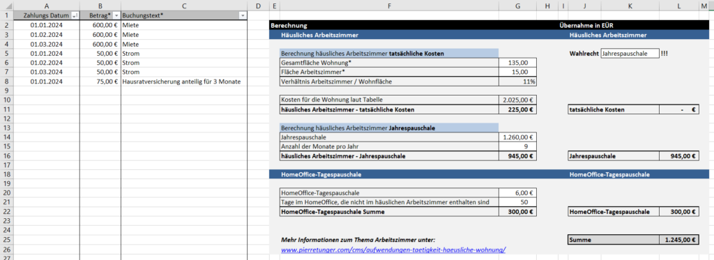Arbeitszimmer und HomeOffice-Pauschale in EÜR ab Version 2024