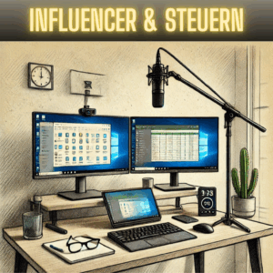 Influencer Arbeitsplatz mit Unterlagen für Steuern und Buchhaltung Influencer Arbeitsplatz mit Unterlagen für Steuern und Buchhaltung